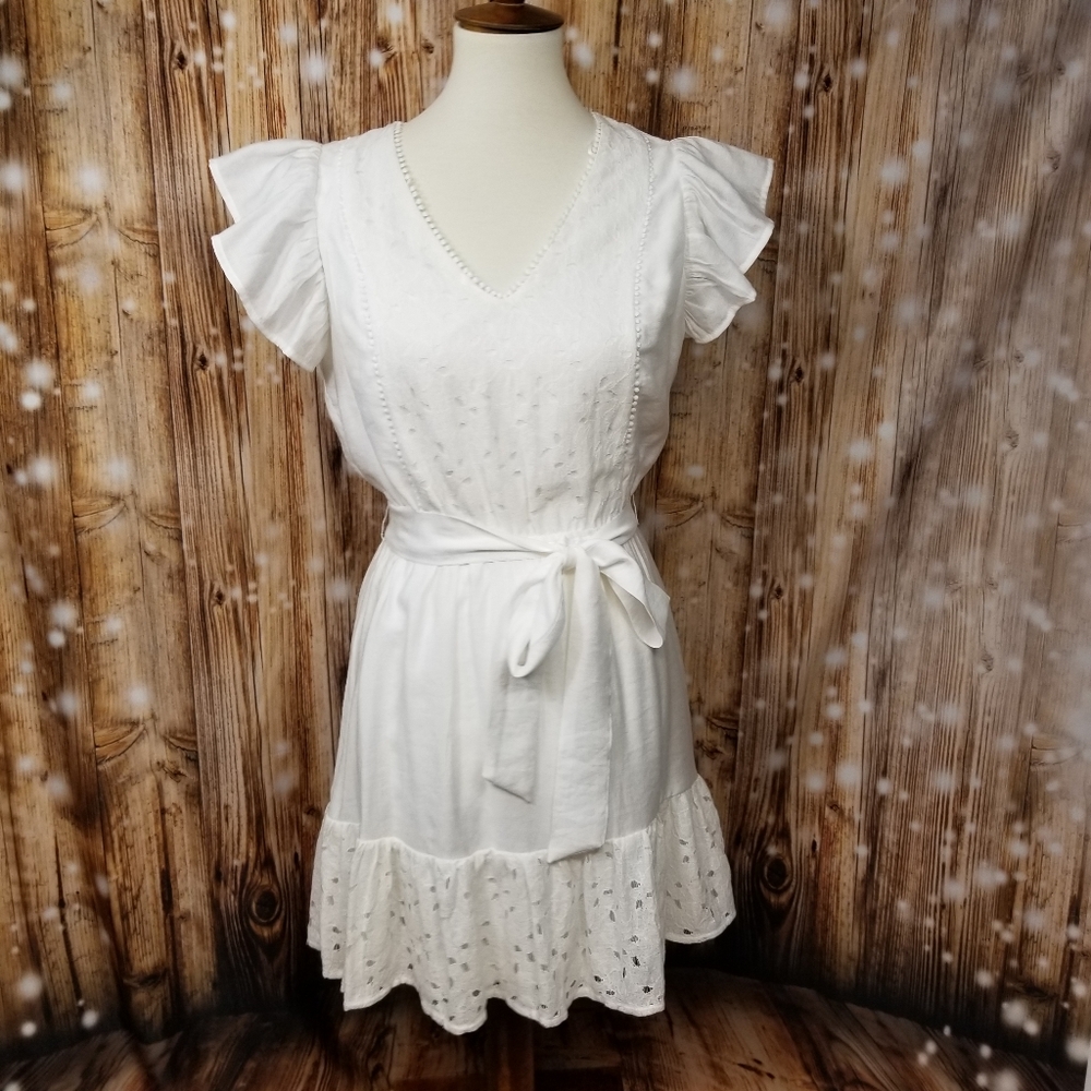 Pink Lily White Lace Women's Sm Stylish Short Sleeve Bridal Tie Waist Dress